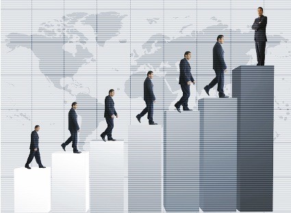 business men climbing a graph with one confident business man on top